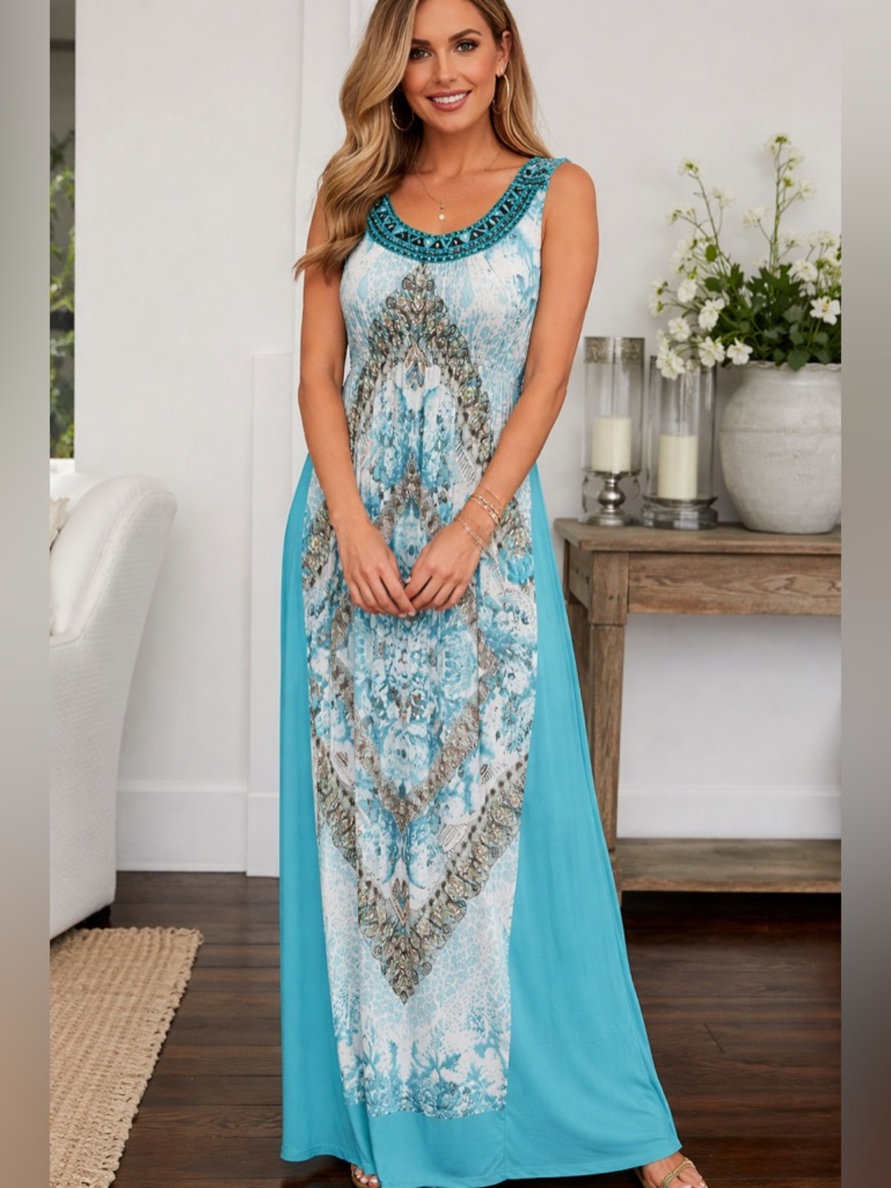 Boho - chic Style & Co. Teal and White Printed Sleeveless Maxi Dress